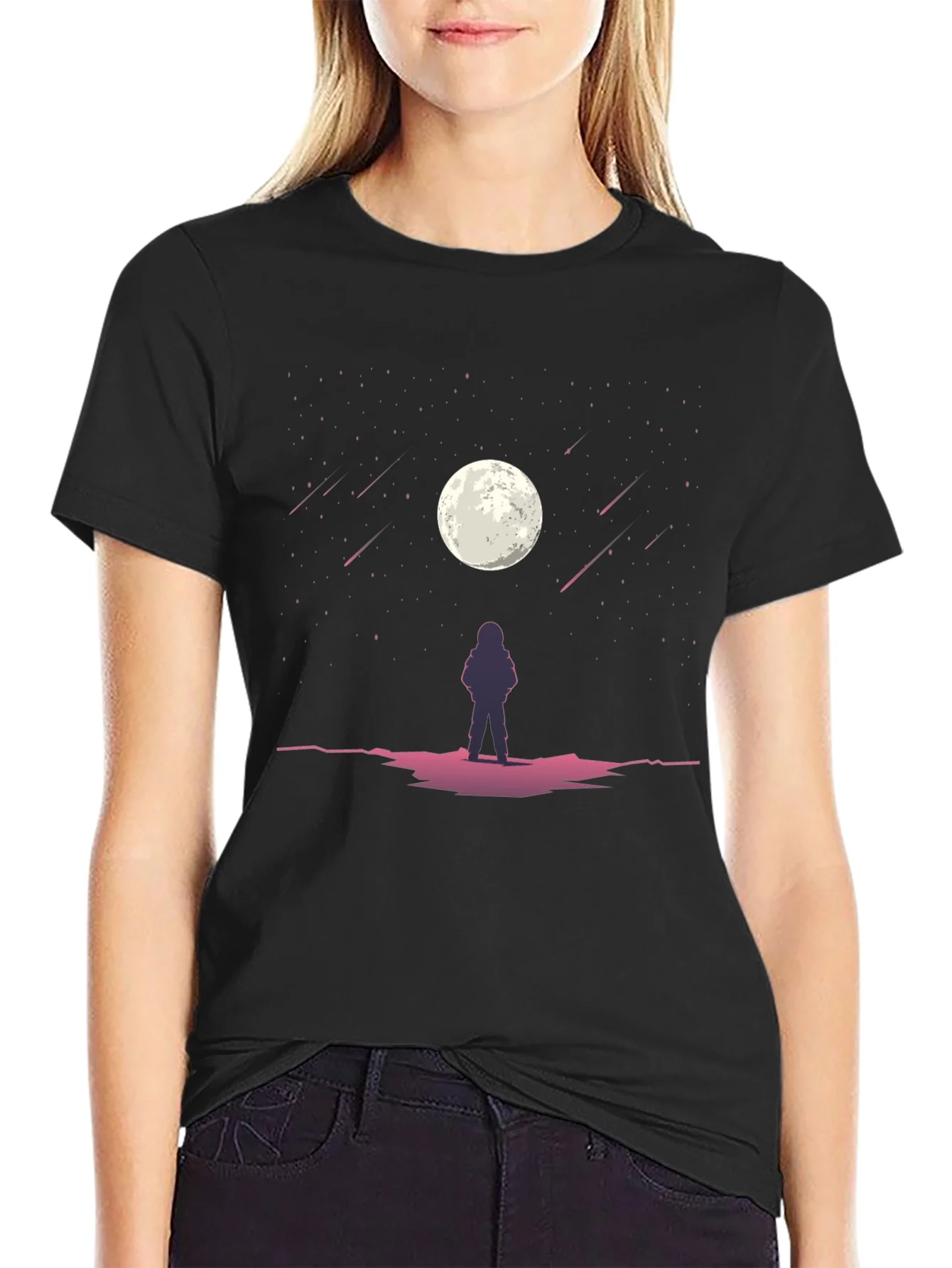 Astronaut Moon Gazing Black Graphic Tee