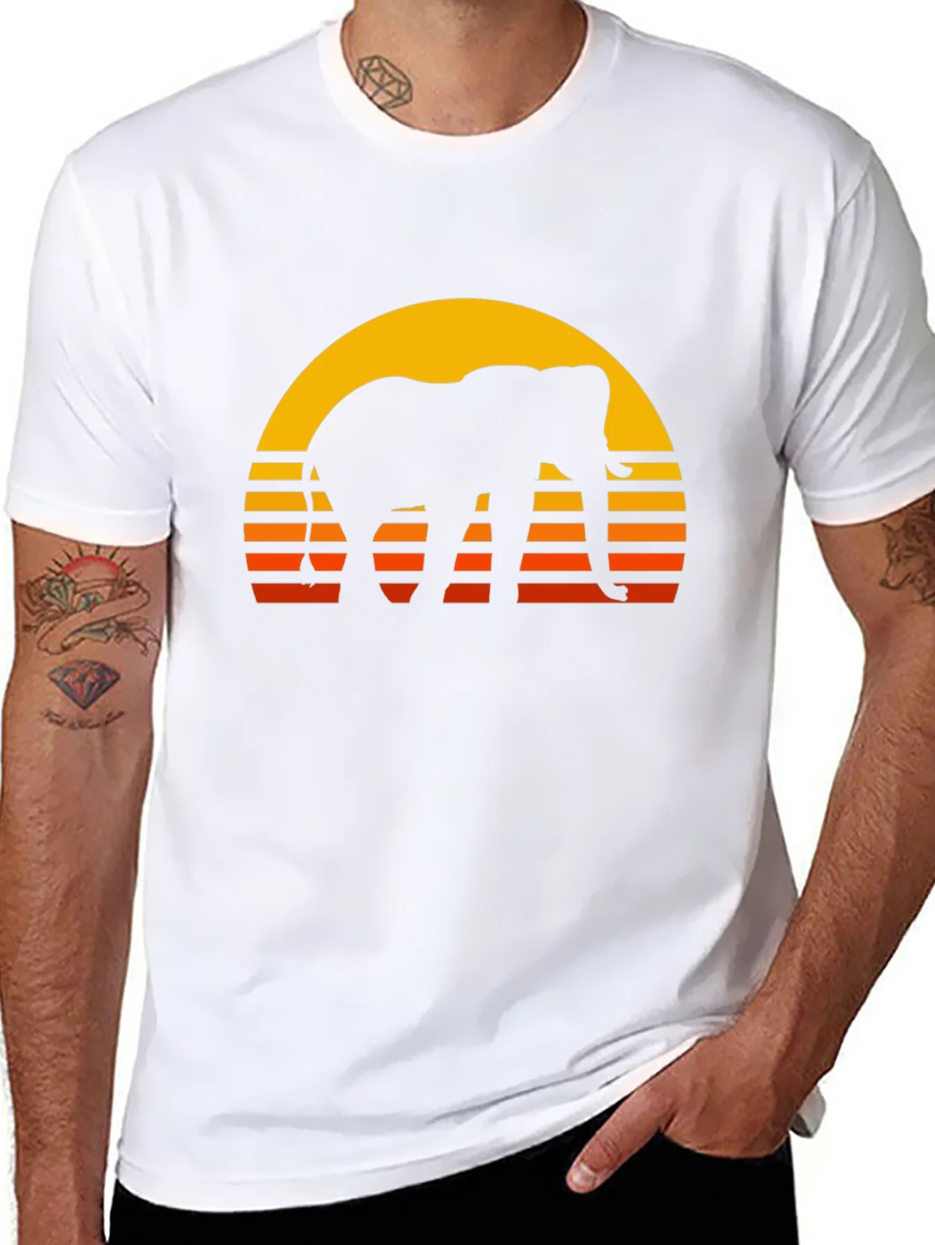 Elephant Sunset T-Shirt - Retro Style Black Tee