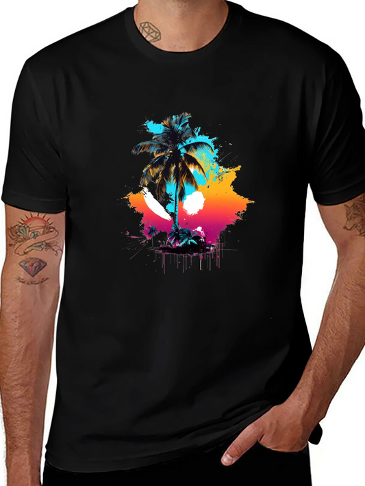 Vibrant Palm Tree Graphic Black T-Shirt