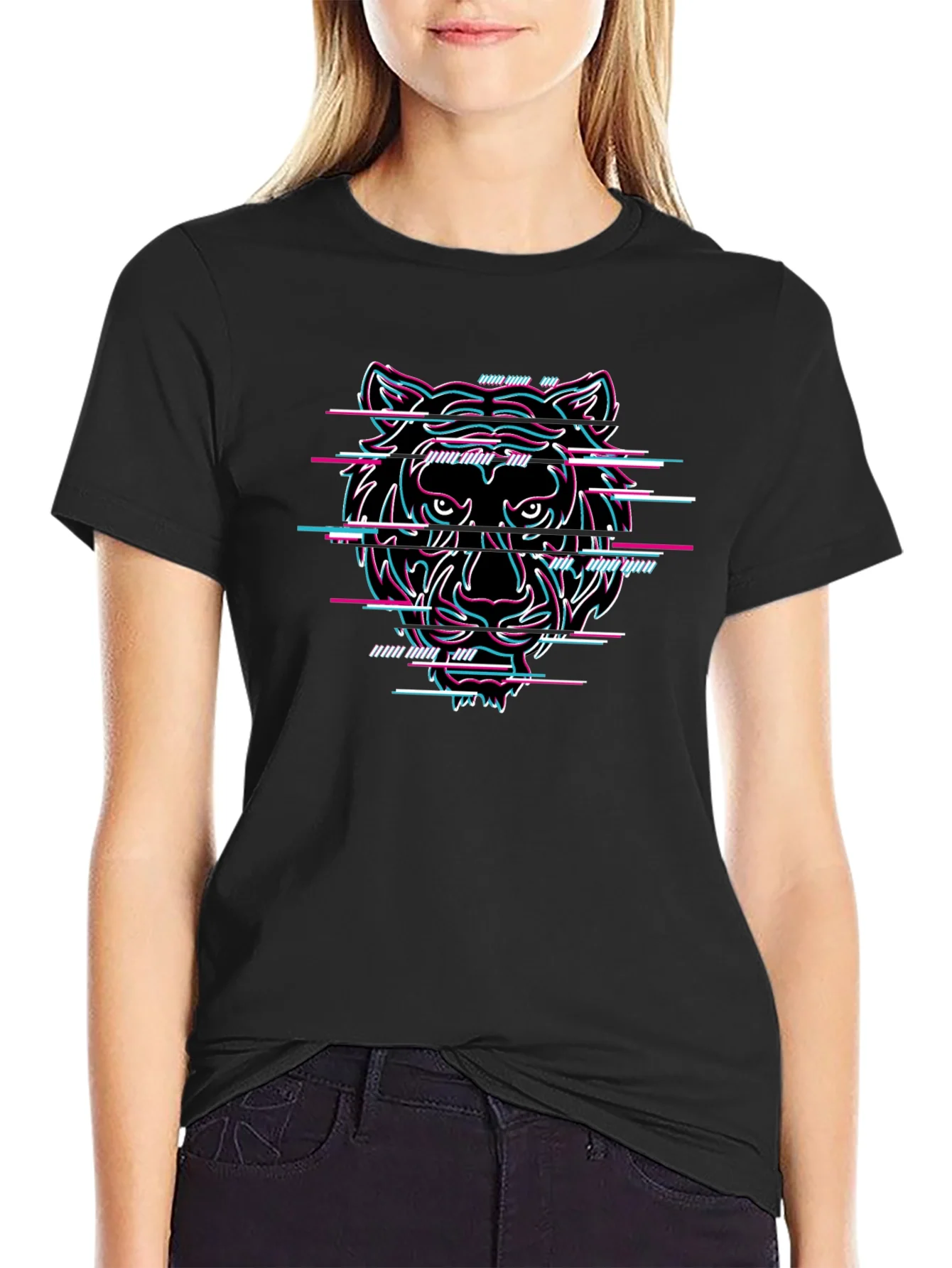 Glitch Tiger Graphic Black T-Shirt