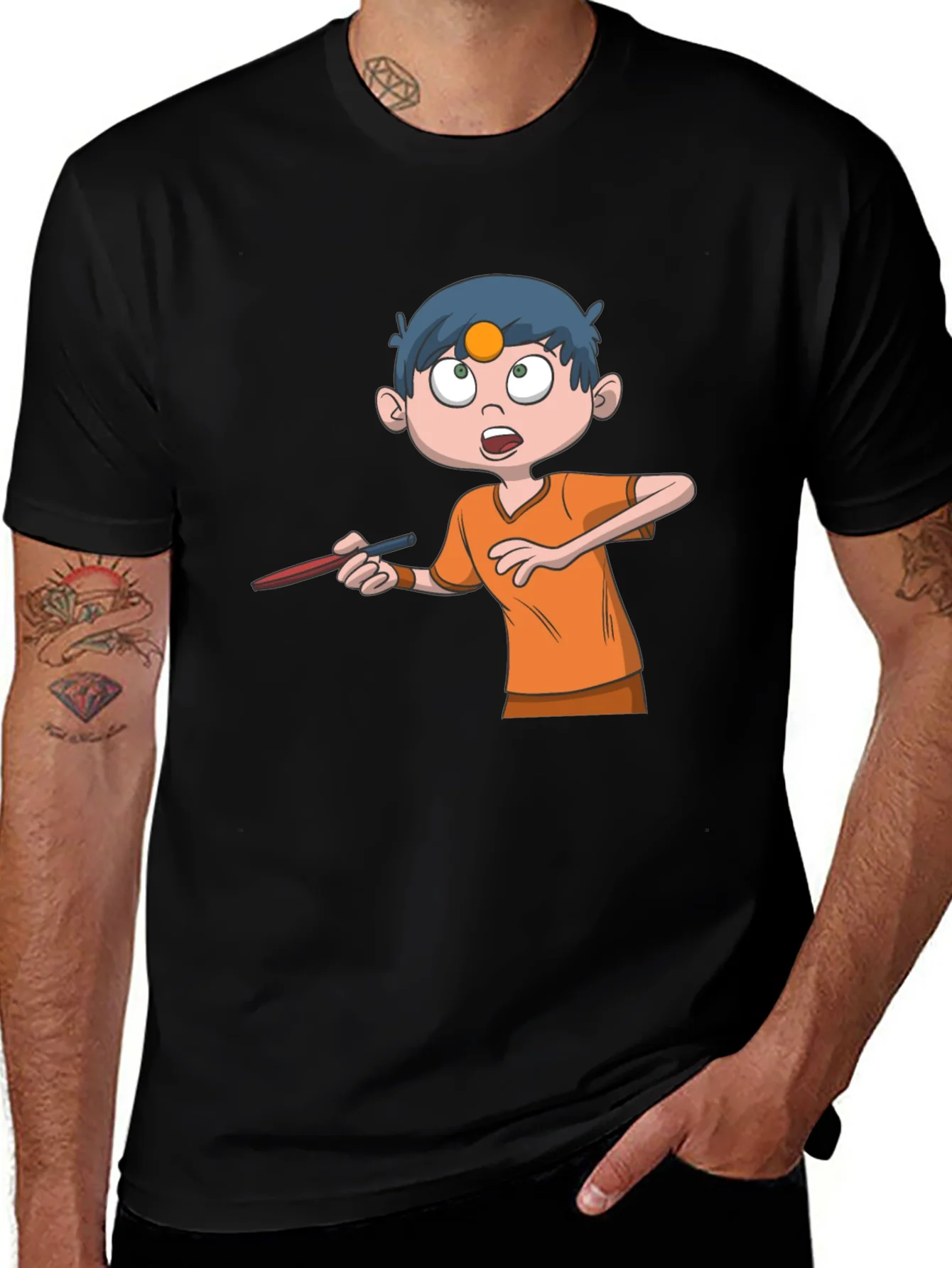 Cartoon Boy Graphic Tee - Black Cotton T-Shirt