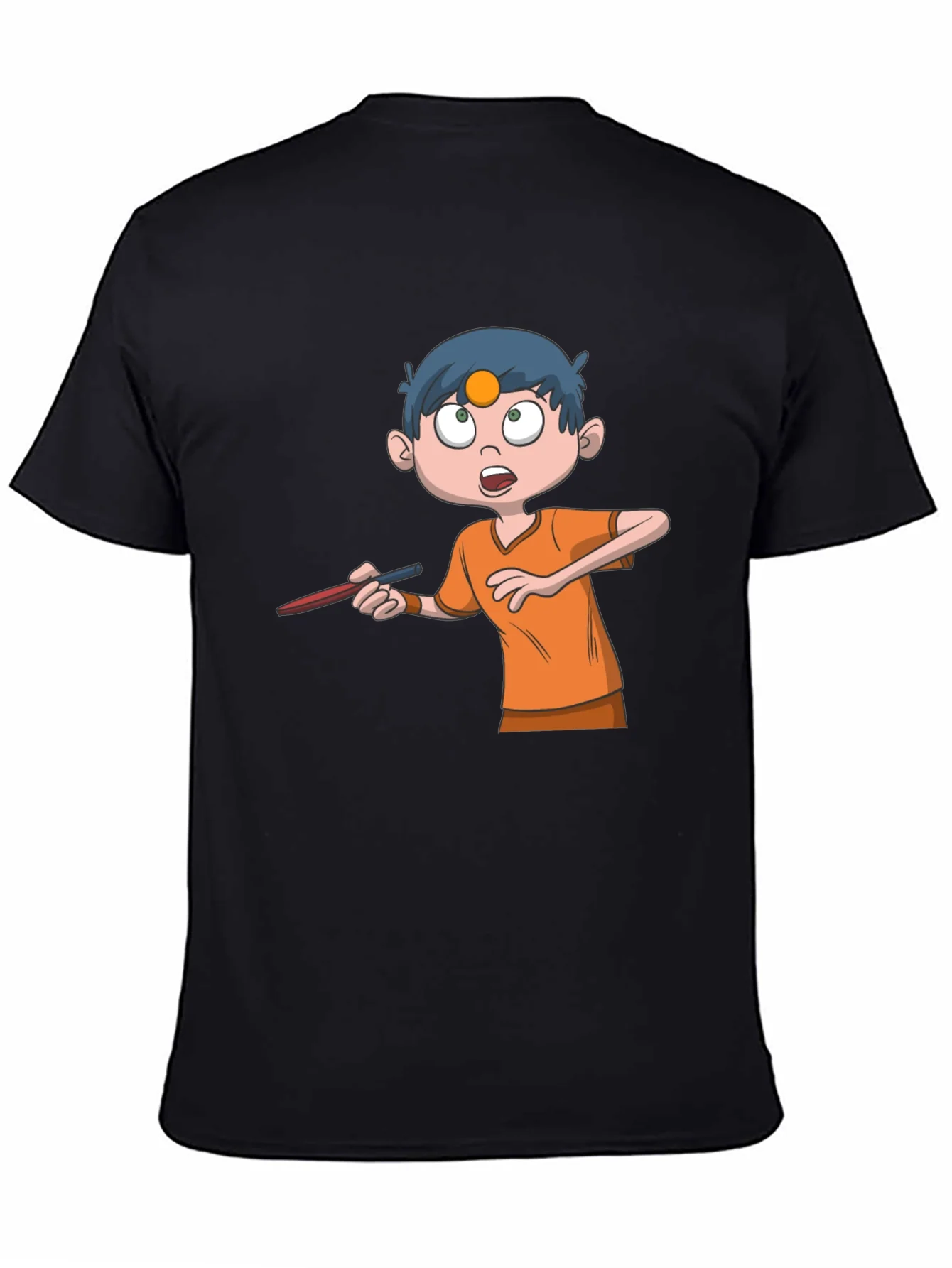 Cartoon Boy Graphic Tee - Black Cotton T-Shirt
