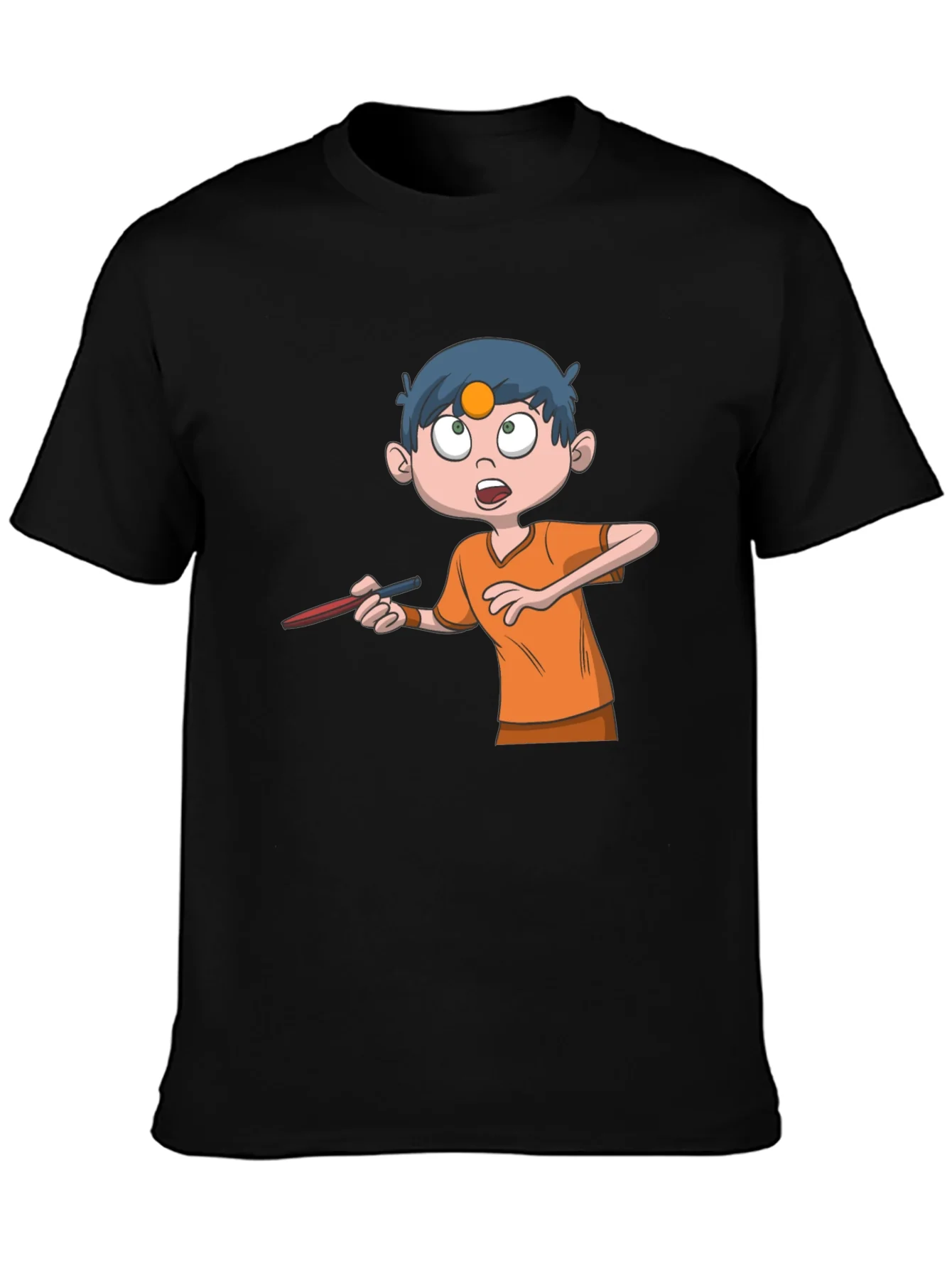 Cartoon Boy Graphic Tee - Black Cotton T-Shirt